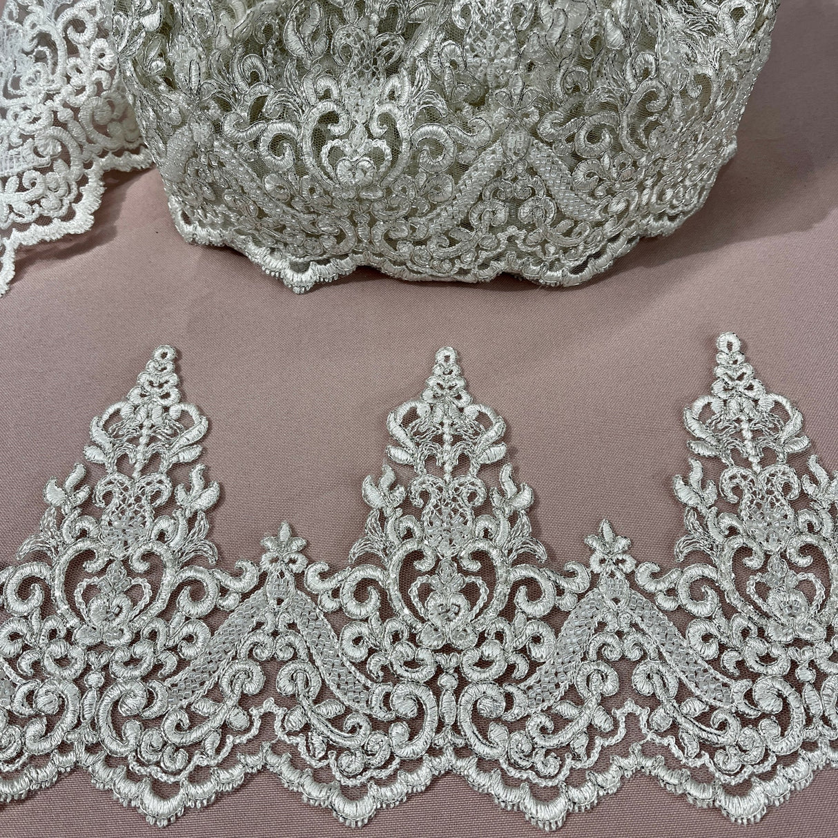 1 Yard Embroidered on 100% Polyester Organza 6″ Wide Beaded & Corded Lace Trimming