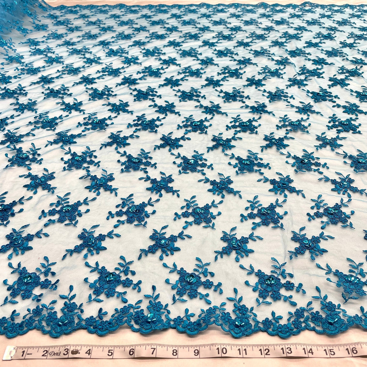 1 Yard Black Beaded & Corded Bridal Lace Fabric Embroidered on Polyester Net Mesh 52 Inch Width