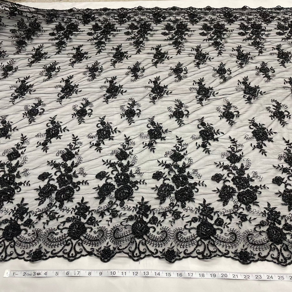 1 Yard Glamorous Black Beaded Sequined Lace Fabric on Polyester Net Mesh 52 inch Width