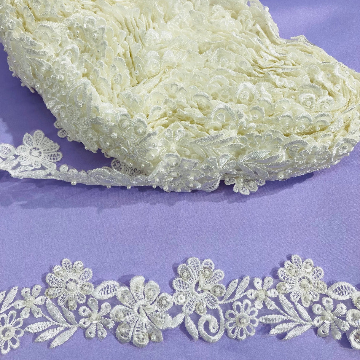 1 Yard Beaded Lace Trimming on Organza | 2" Wide | Elegant Embroidered Trim for Bridal, Formalwear & Costumes