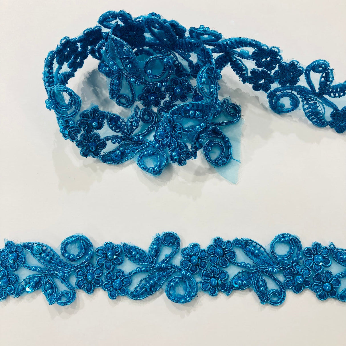 1 Yard Exquisite Beaded & Corded Lace Trimming Embroidered on 100% Polyester Organza for Bridal and Evening Dresses 1.5 Inch Width