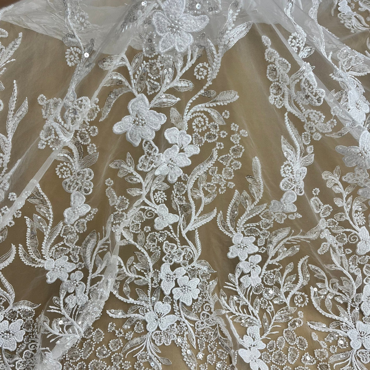 1 Yard Luxurious Beaded Lace Fabric Embroidered on Polyester Net Mesh Elegant Bridal & Special Occasion Couture 54" Wide
