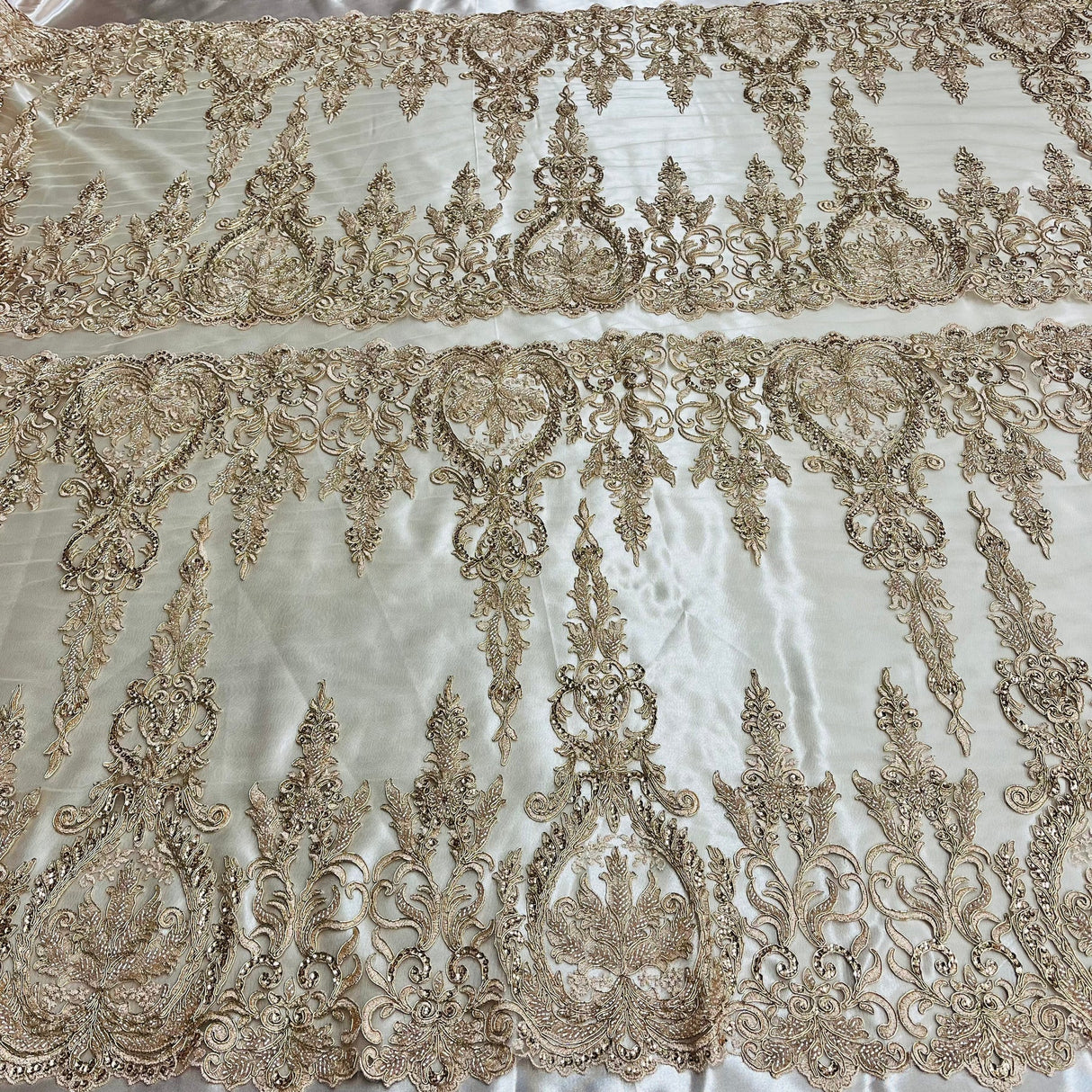 1 Yard Beaded & Corded Bridal Lace Fabric on Polyester Net Mesh, Embroidered Lace Fabric, 51" Width