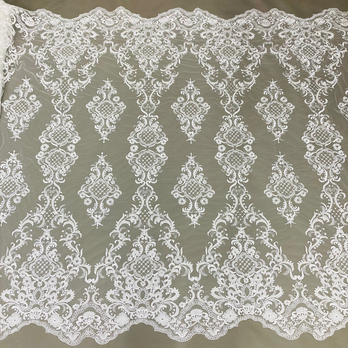 1 Yard Exquisite White Hand-Beaded Lace Fabric on Polyester Net Mesh 53 inch Width