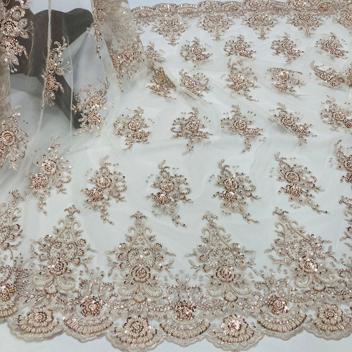 1 Yard Gold Beaded Lace Fabric Embroidered on Polyester Net Mesh 50 inch Width
