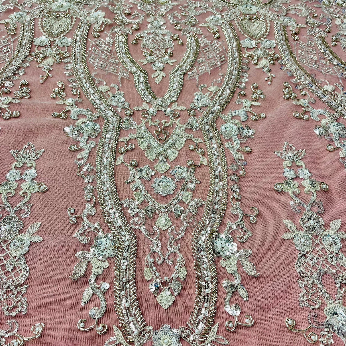 1 Yard Beaded Lace Fabric Embroidered on Polyester Net Mesh, 52" Wide Bridal & Evening Fabric