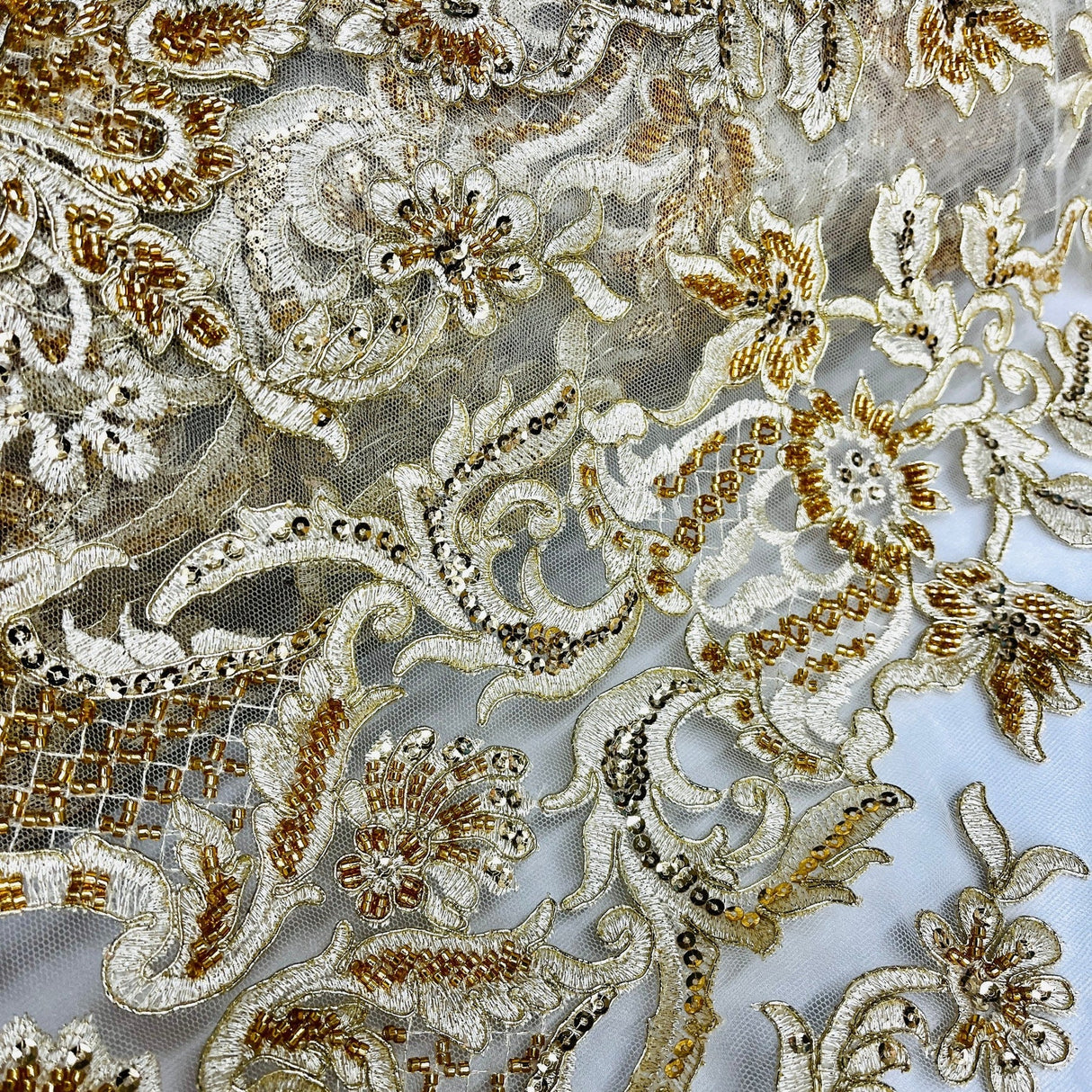 1 Yard Beaded Corded Bridal Lace Fabric on Polyester Net Mesh, 53" Wide, Elegant Embroidered Design
