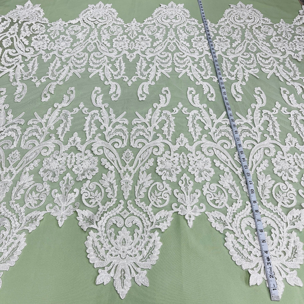1 Yard Beaded Corded Bridal Lace Fabric Embroidered on Polyester Net Mesh