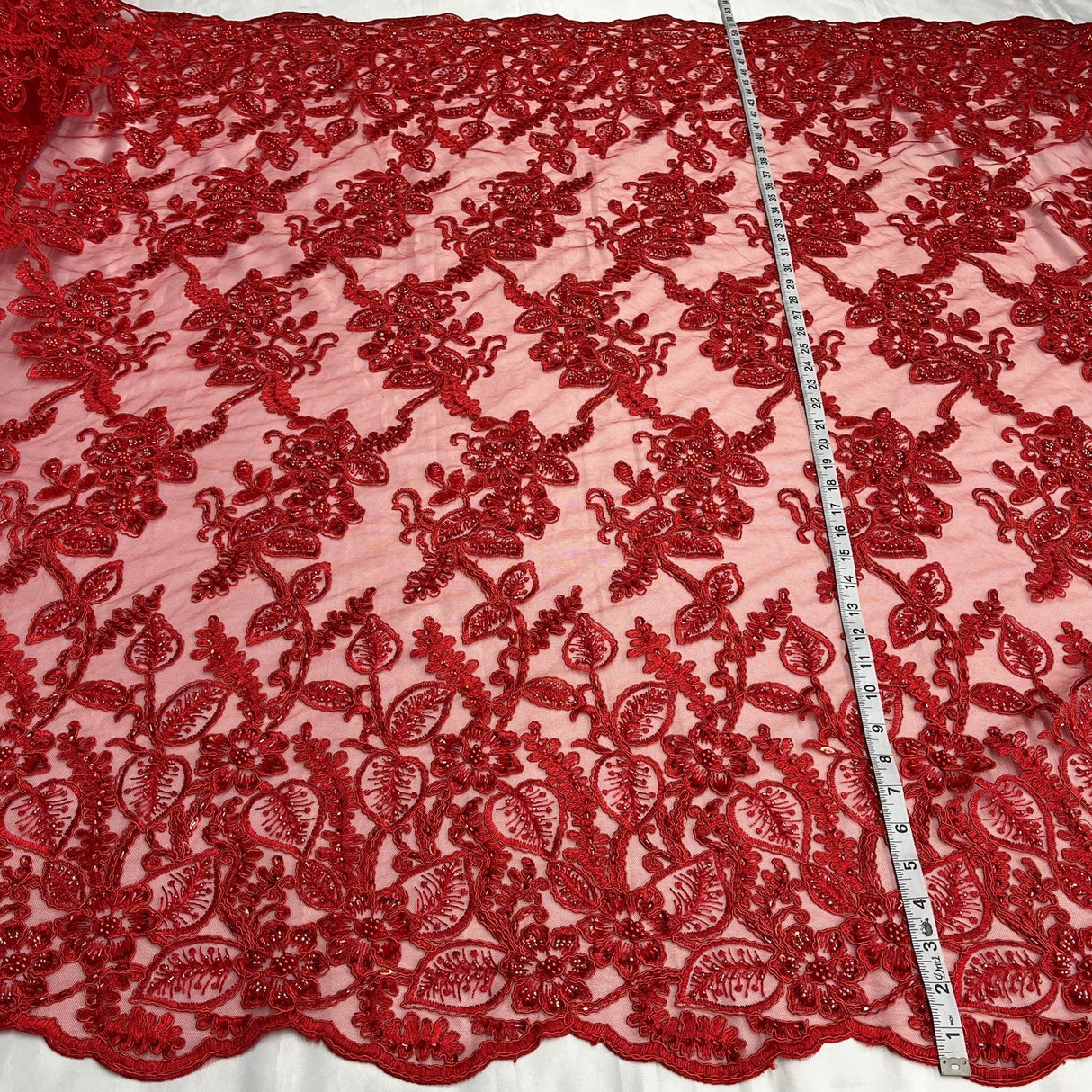 1 Yard Beaded and Corded Bridal Lace Fabric Embroidered on Soft Polyester Net Mesh 50" Width
