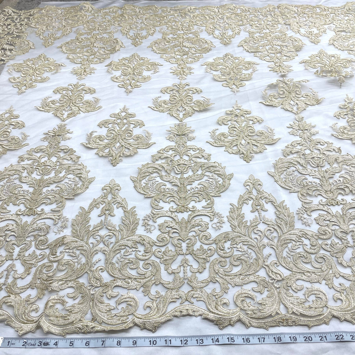 1 Yard Magnificent Gold Corded Bridal Lace Fabric on 100% Polyester Net Mesh 54 inch Width