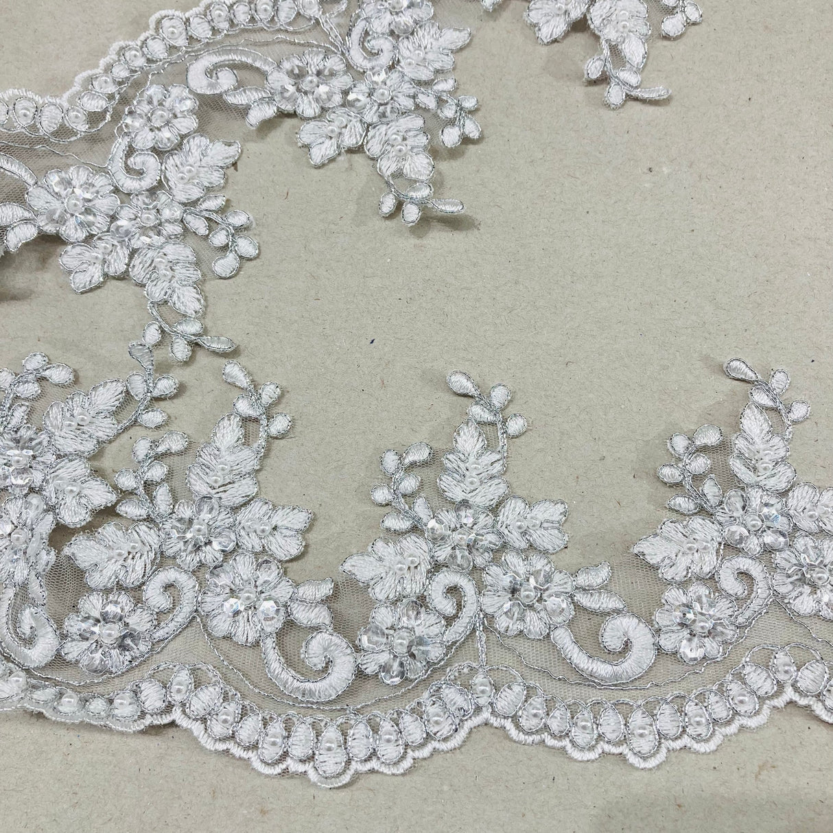 1 Yard Beaded & Corded Embroidered Lace Trim 4.5" Wide 100% Polyester Net Mesh for Bridal & Special Occasion