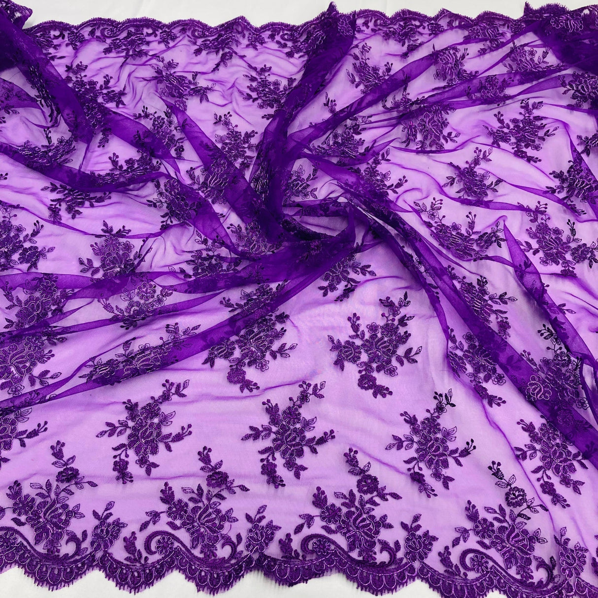1 Yard Fuchsia Corded Bridal Lace Fabric Embroidered on Polyester Net Mesh 56 Inch Width