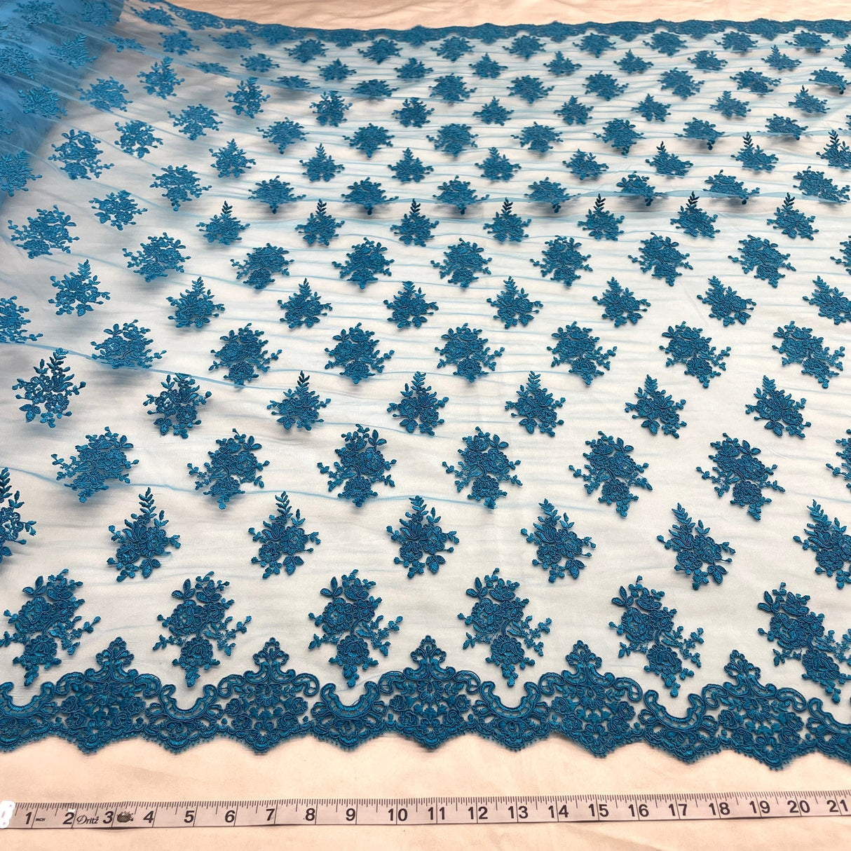 1 Yard Turquoise Corded Bridal Lace Fabric Embroidered Polyester Net Mesh 52 Inch Width