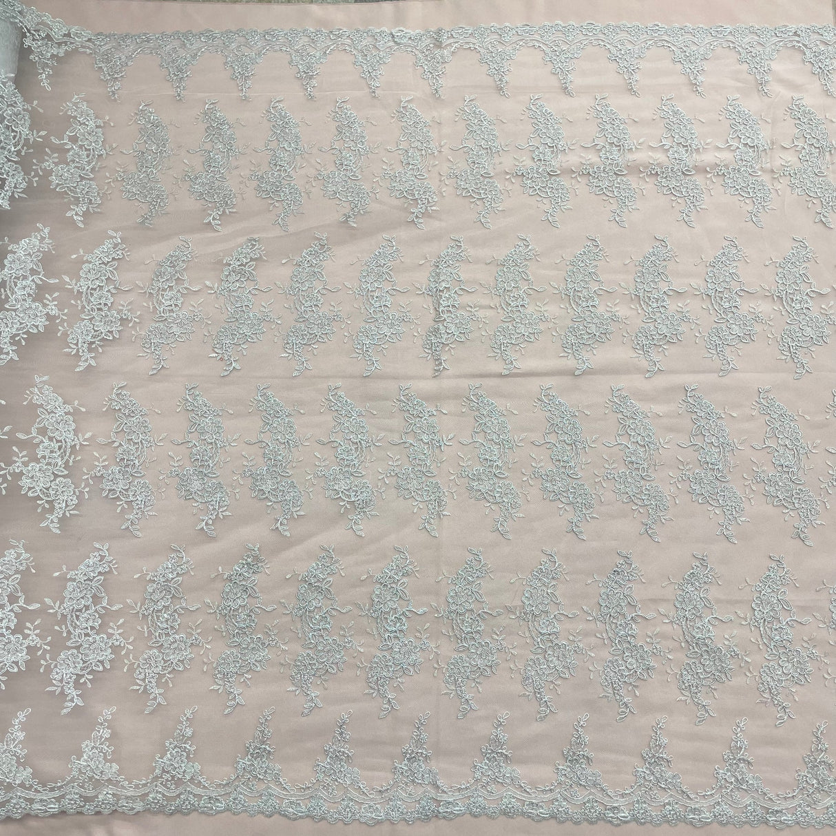 1 Yard Peach Corded Bridal Lace Fabric Embroidered Polyester Net Mesh 54 Inch Width