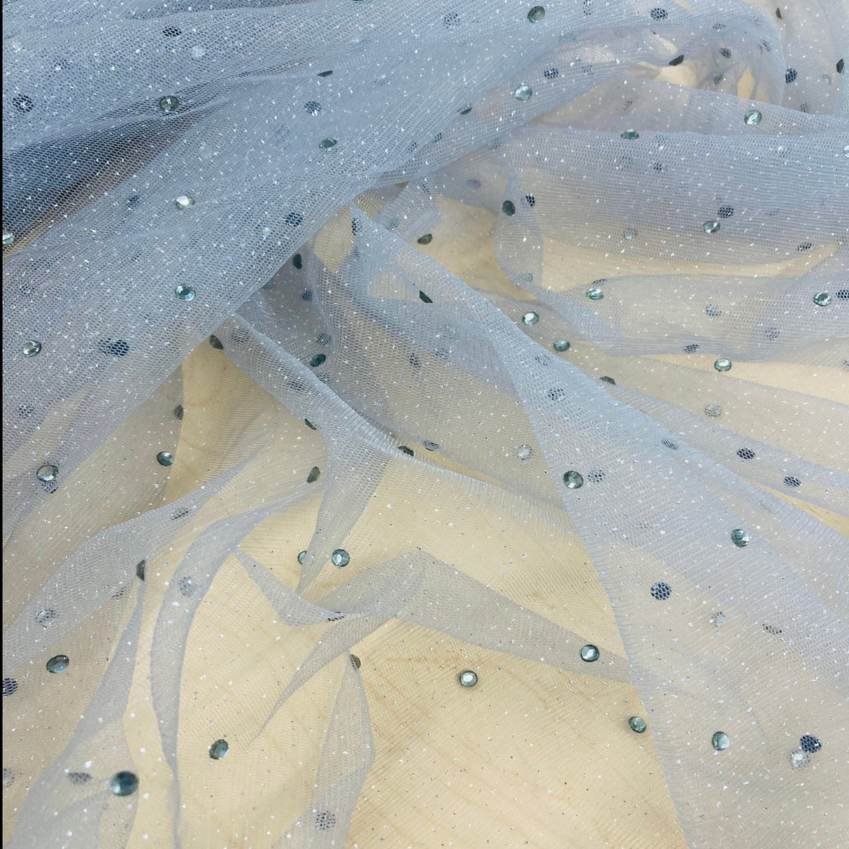 1 Yard Champagne Glitter Mesh Fabric with Scattered Rhinestones Stretch 60 Inch Width