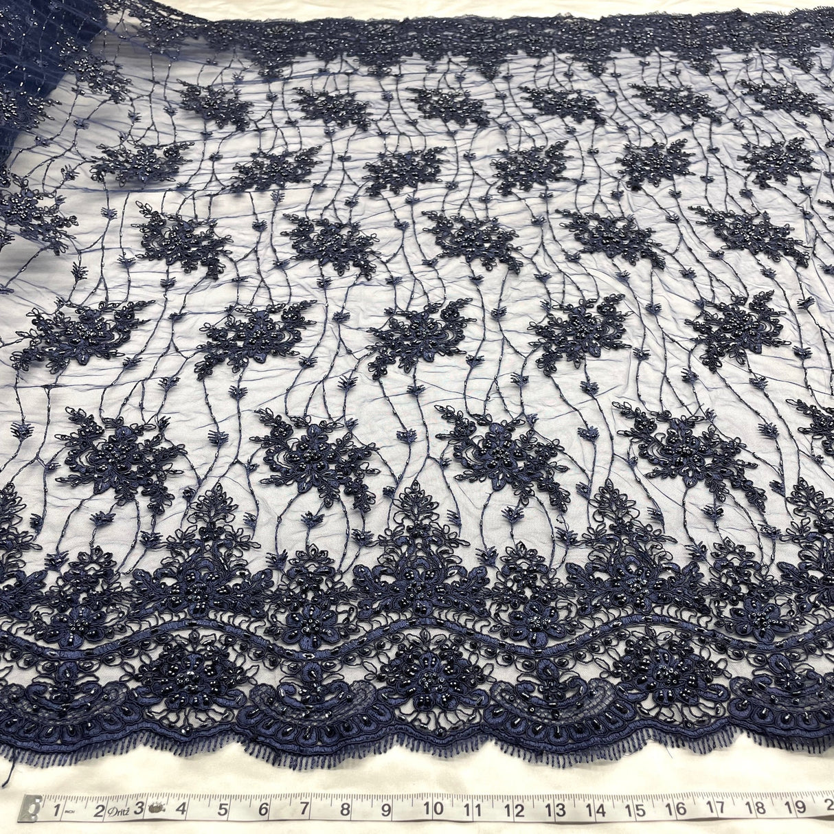 1 Yard Beaded Corded Bridal Lace Fabric Embroidered Polyester Mesh 51" Width