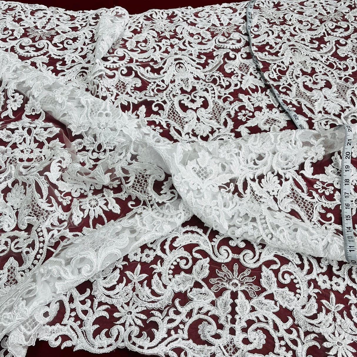 1 Yard Beaded Corded Bridal Lace Fabric on Polyester Net Mesh, 53" Wide, Elegant Embroidered Design