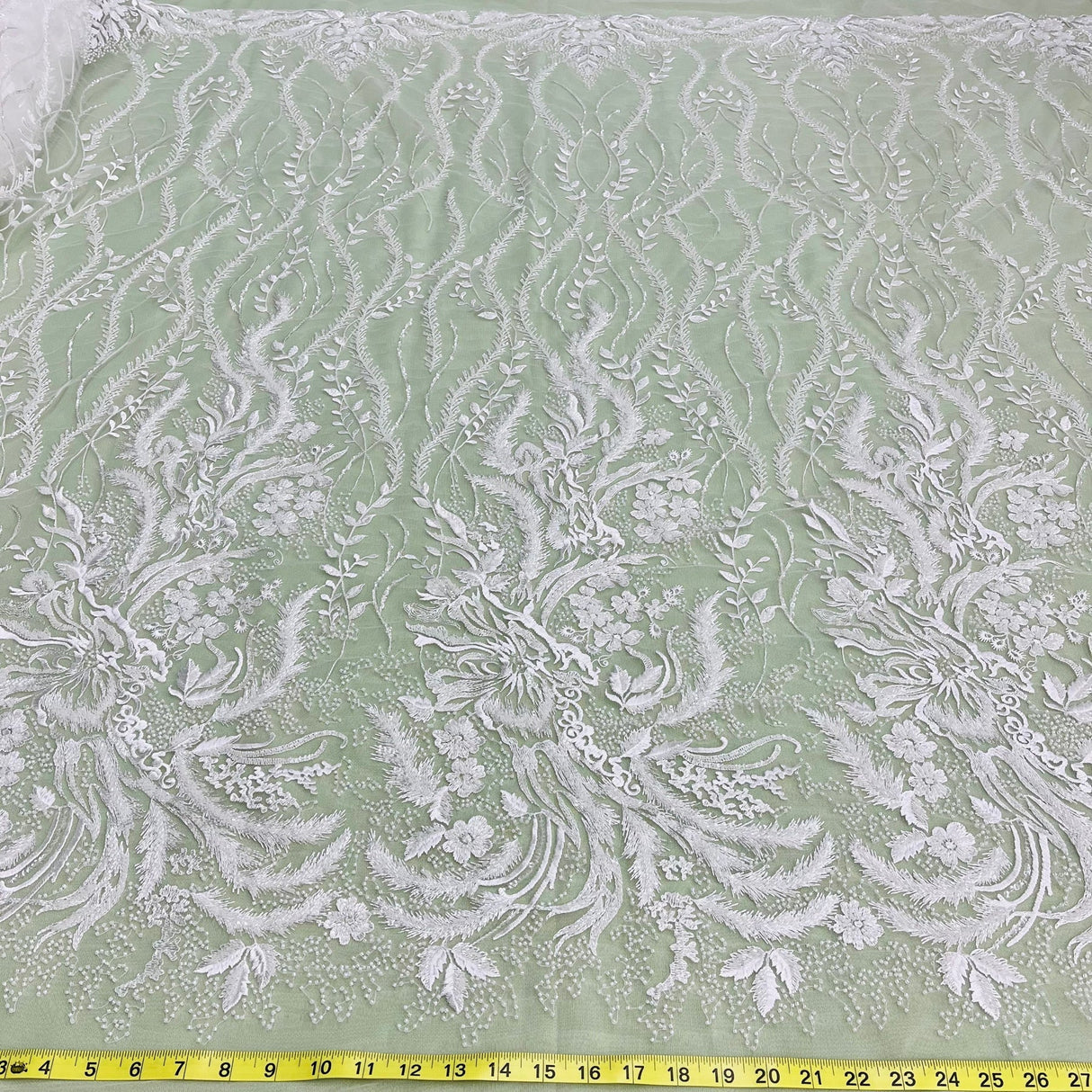 1 Yard Beaded Lace Fabric Hand-Embroidered with Pearls & Sequins on Polyester Net Mesh for Bridal, Evening & Couture Wear 56" Wide