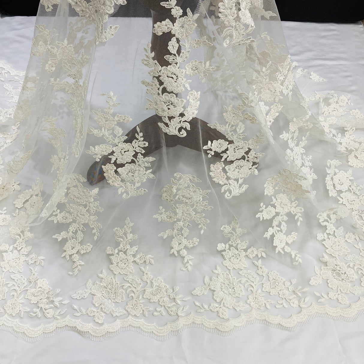 1 Yard Exquisite White Hand-Beaded Corded Bridal Lace Fabric on Net Mesh 51 inch Width