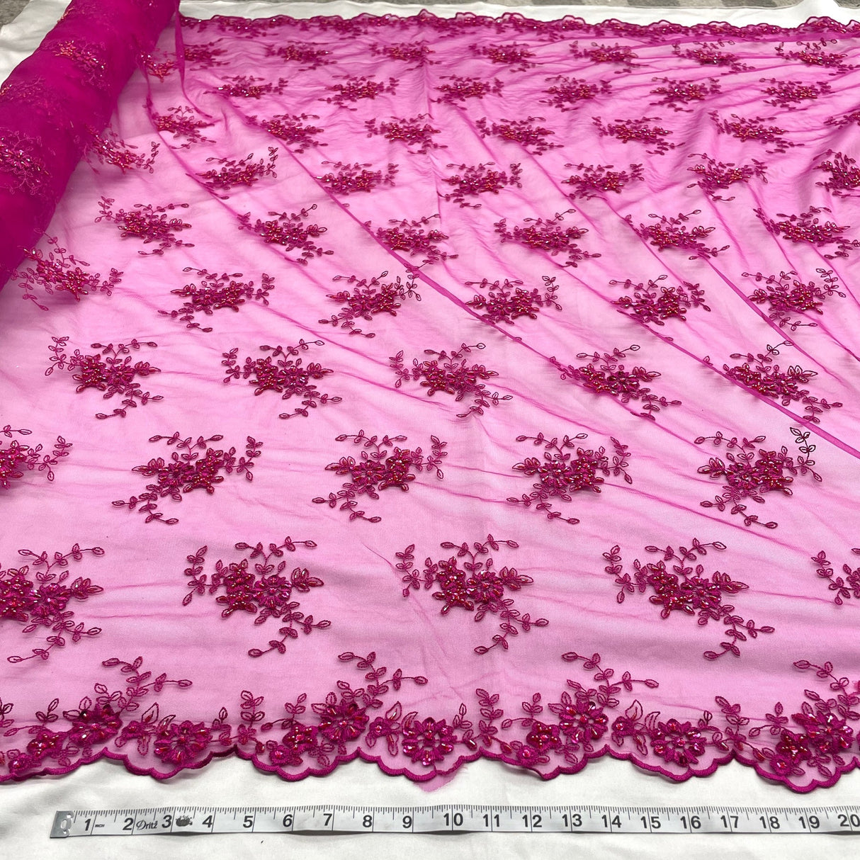 1 Yard Fuchsia Beaded Lace Fabric with Pearl Embroidery on Polyester Net Mesh 51" Wide