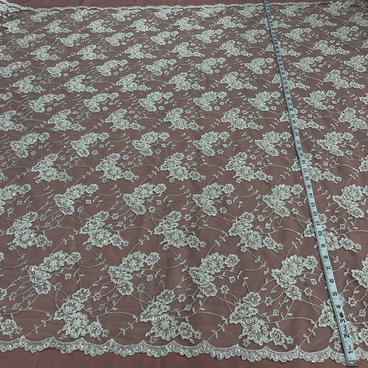 1 Yard Fuchsia Beaded Corded Lace Fabric Embroidered on Polyester Net Mesh 52 inch Width