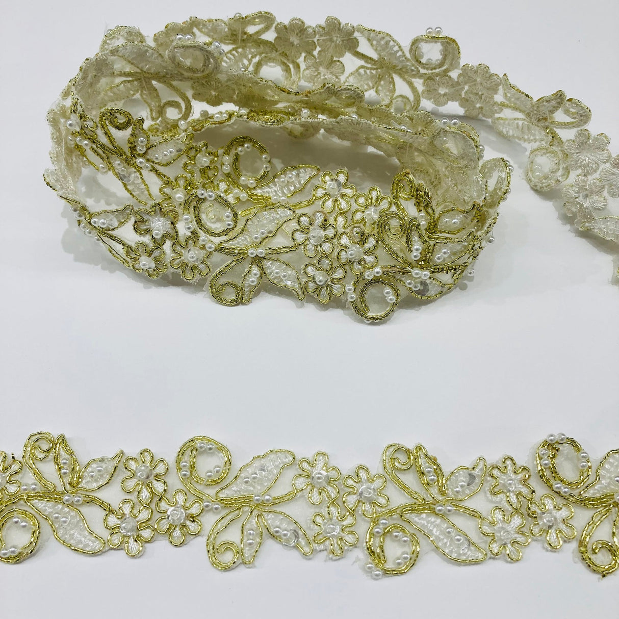 1 Yard Exquisite Beaded & Corded Lace Trimming Embroidered on 100% Polyester Organza for Bridal and Evening Dresses 1.5 Inch Width