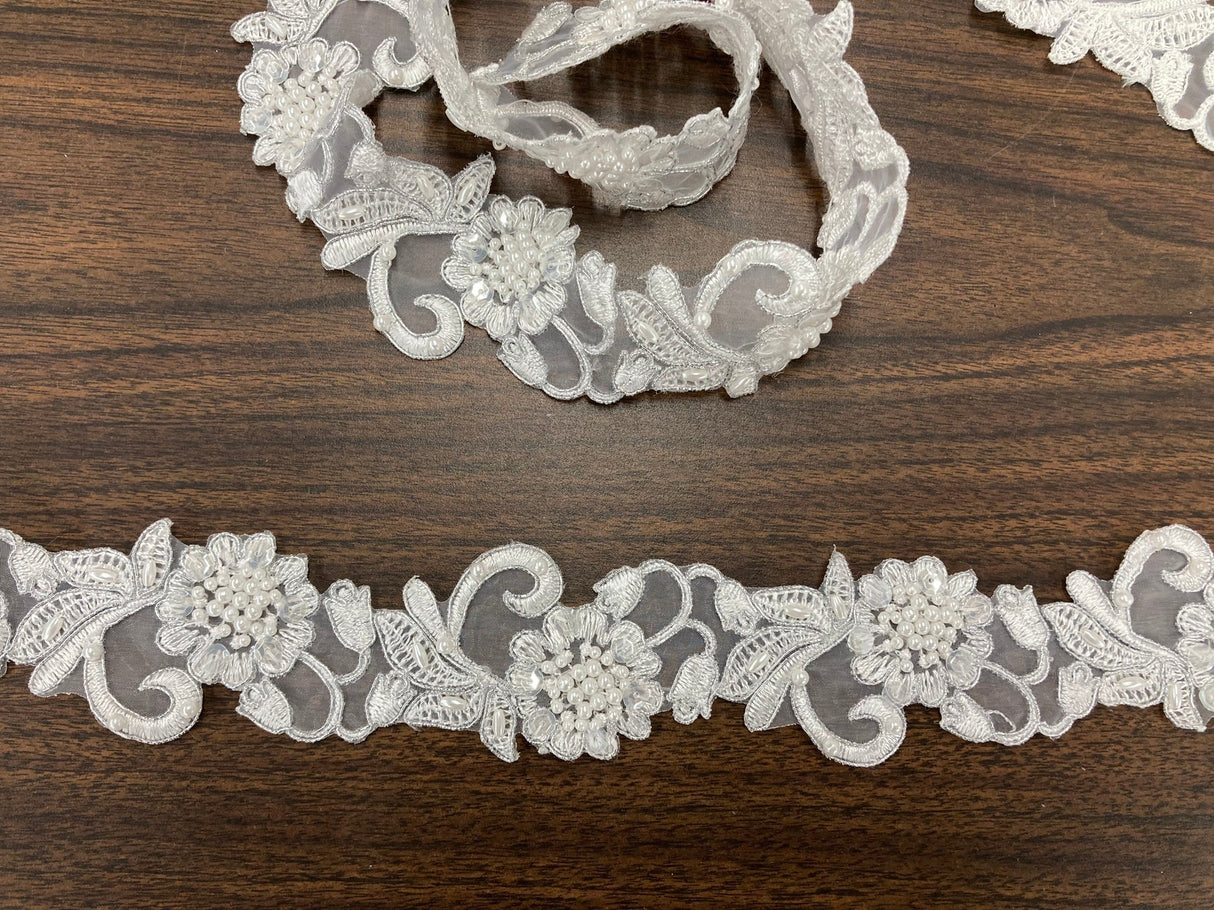 1 Yard Handmade Beaded & Corded Lace Trimming Embroidered on Polyester Organza 2 Inch Width