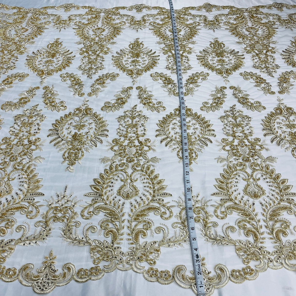 1 Yard Gold Beaded & Corded Bridal Lace Fabric, Embroidered on 100% Polyester Mesh, 52” Width