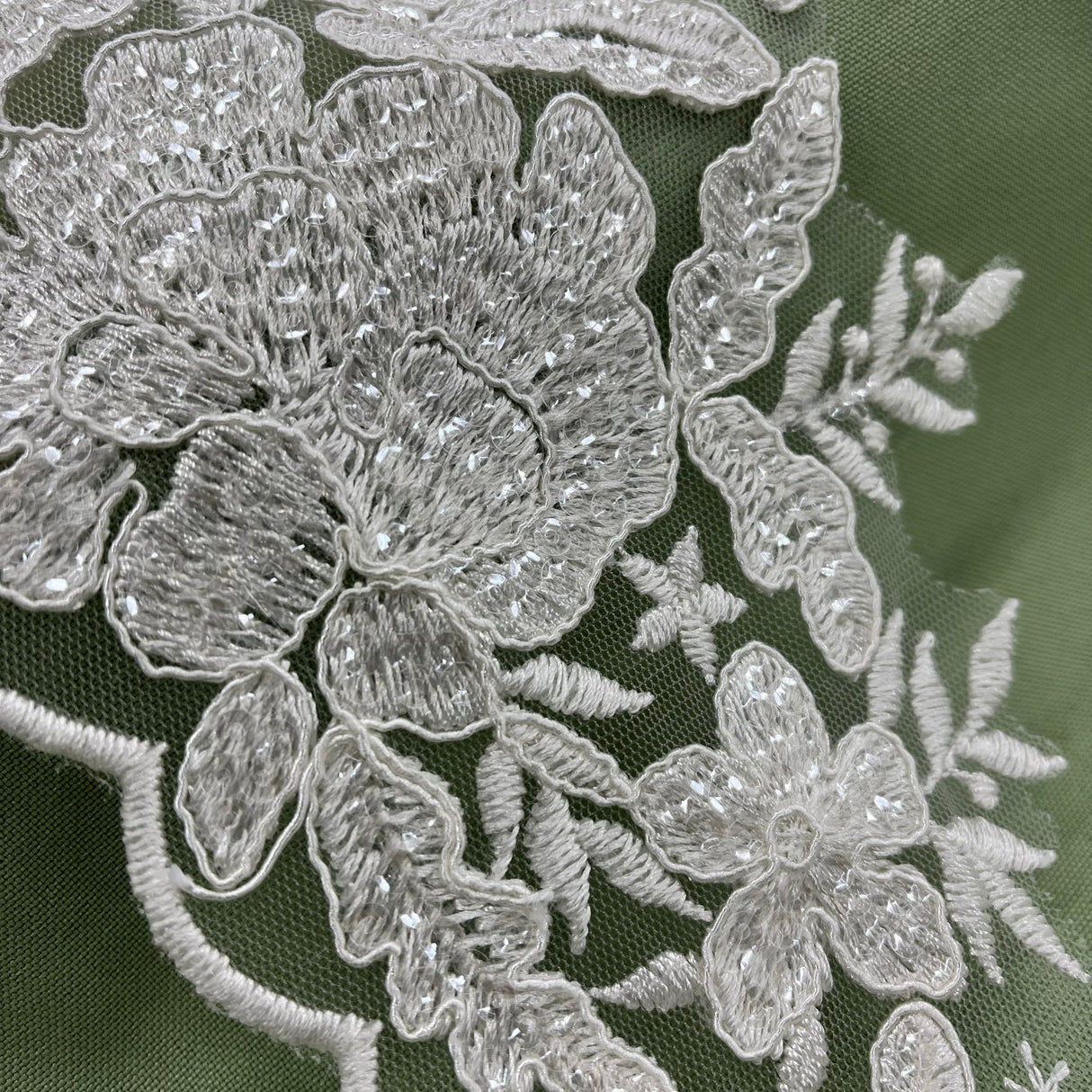 1 Yard Beaded & Corded Floral Lace Trimming Embroidered on 100% Polyester Net Mesh 6.5″ Wide