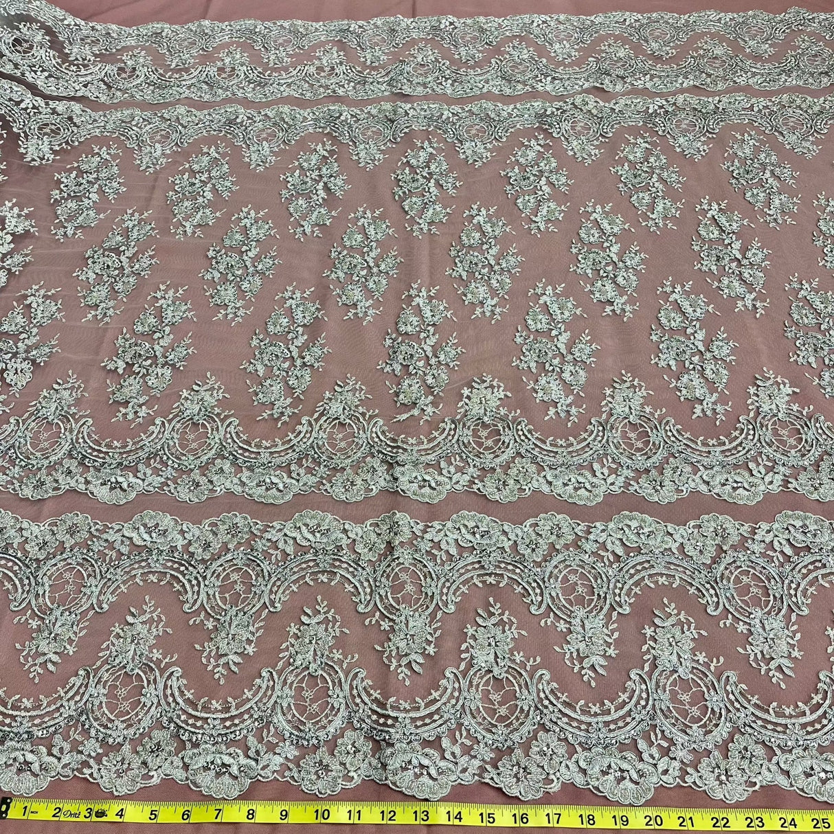 1 Yard White Beaded & Corded Bridal Lace Fabric, 51" Wide Embroidered Polyester Mesh