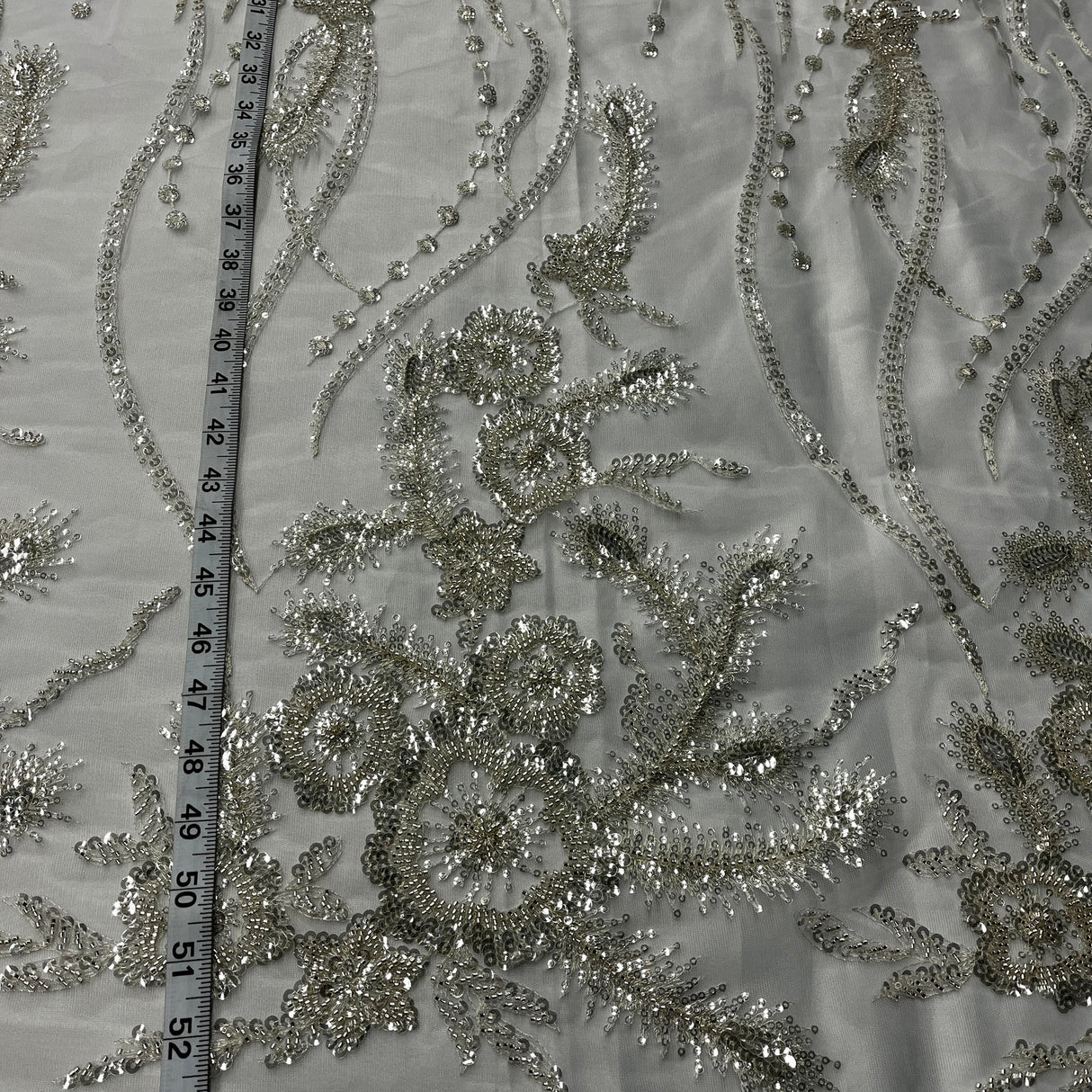 1 Yard Beaded Lace Fabric on Polyester Net Mesh, Embroidered Lace Fabric, 52" Width, GD 2917