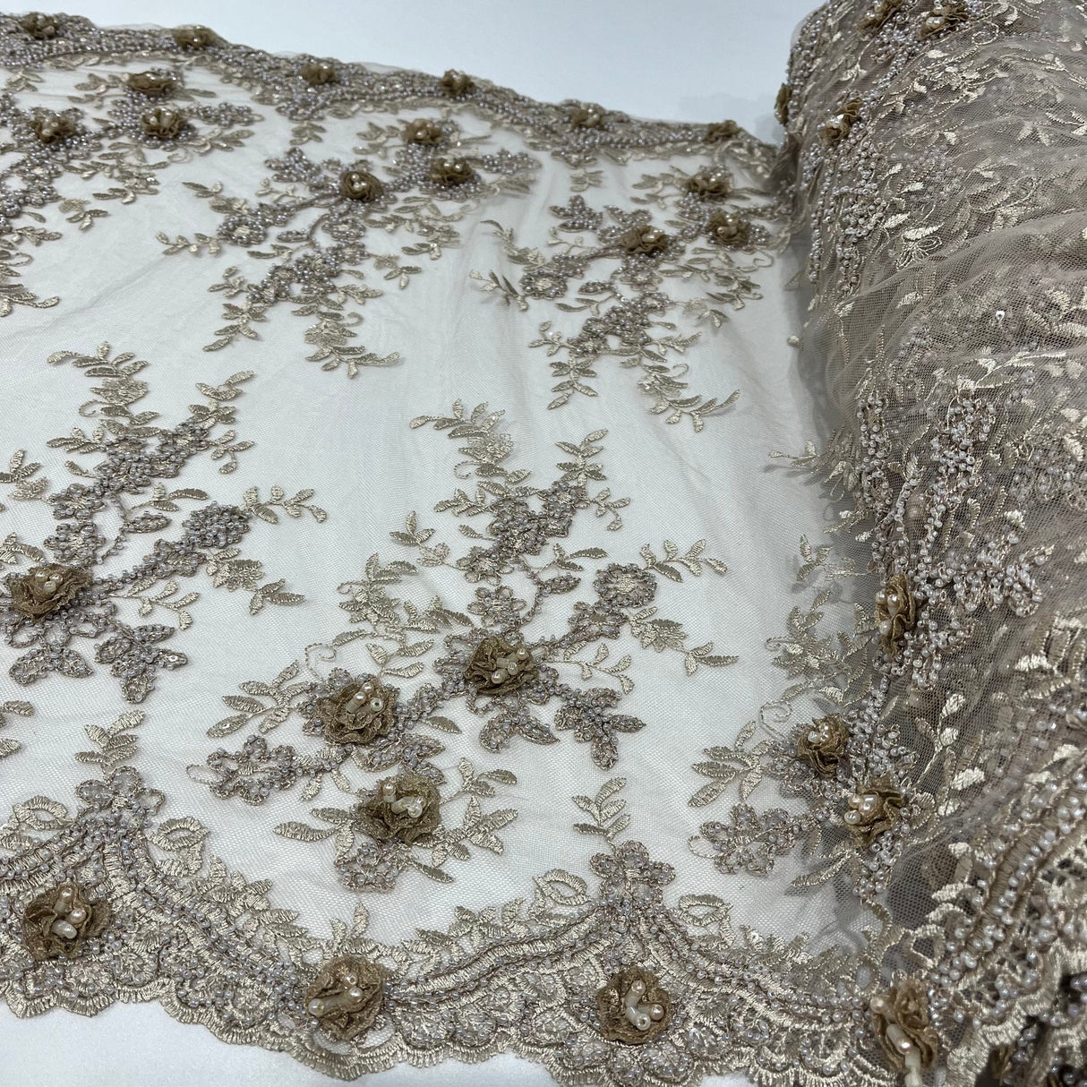 1 Yard 100% Polyester Net Mesh 21" Wide Beaded Double Sided 3D Floral Lace Trimming