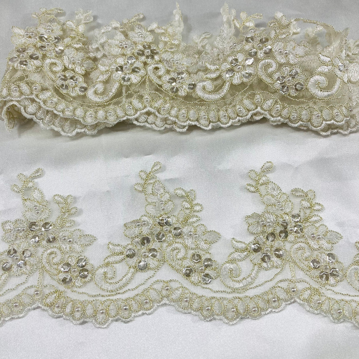 1 Yard Beaded & Corded Embroidered Lace Trim 4.5" Wide 100% Polyester Net Mesh for Bridal & Special Occasion