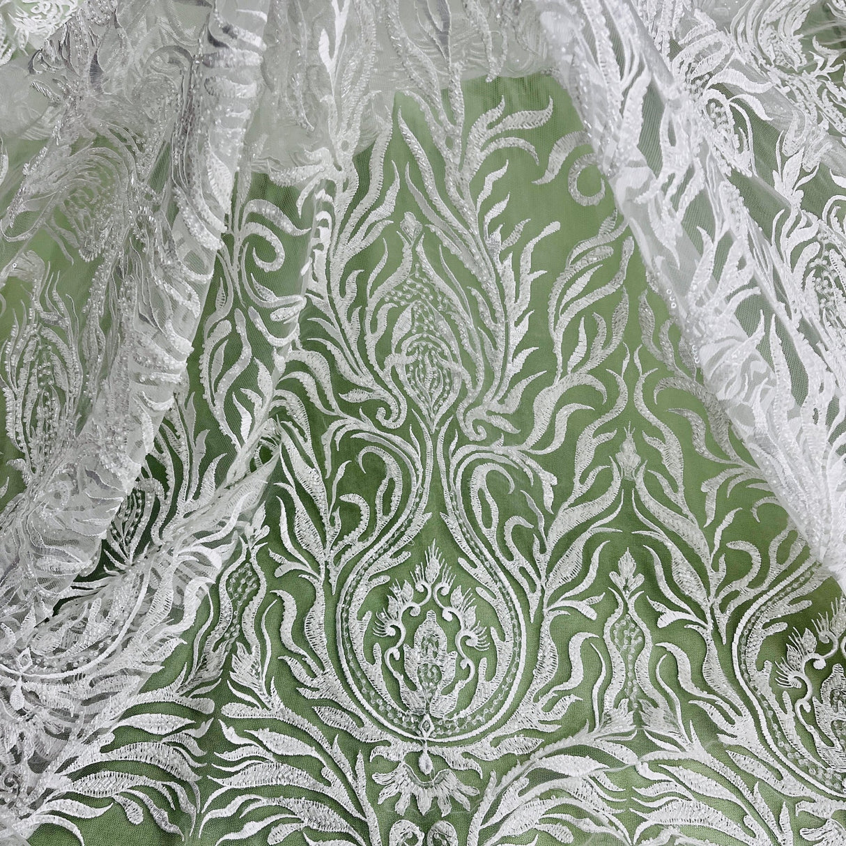 1 Yard Off White Beaded Lace Fabric Embroidered on Polyester Mesh, 52” Wide,