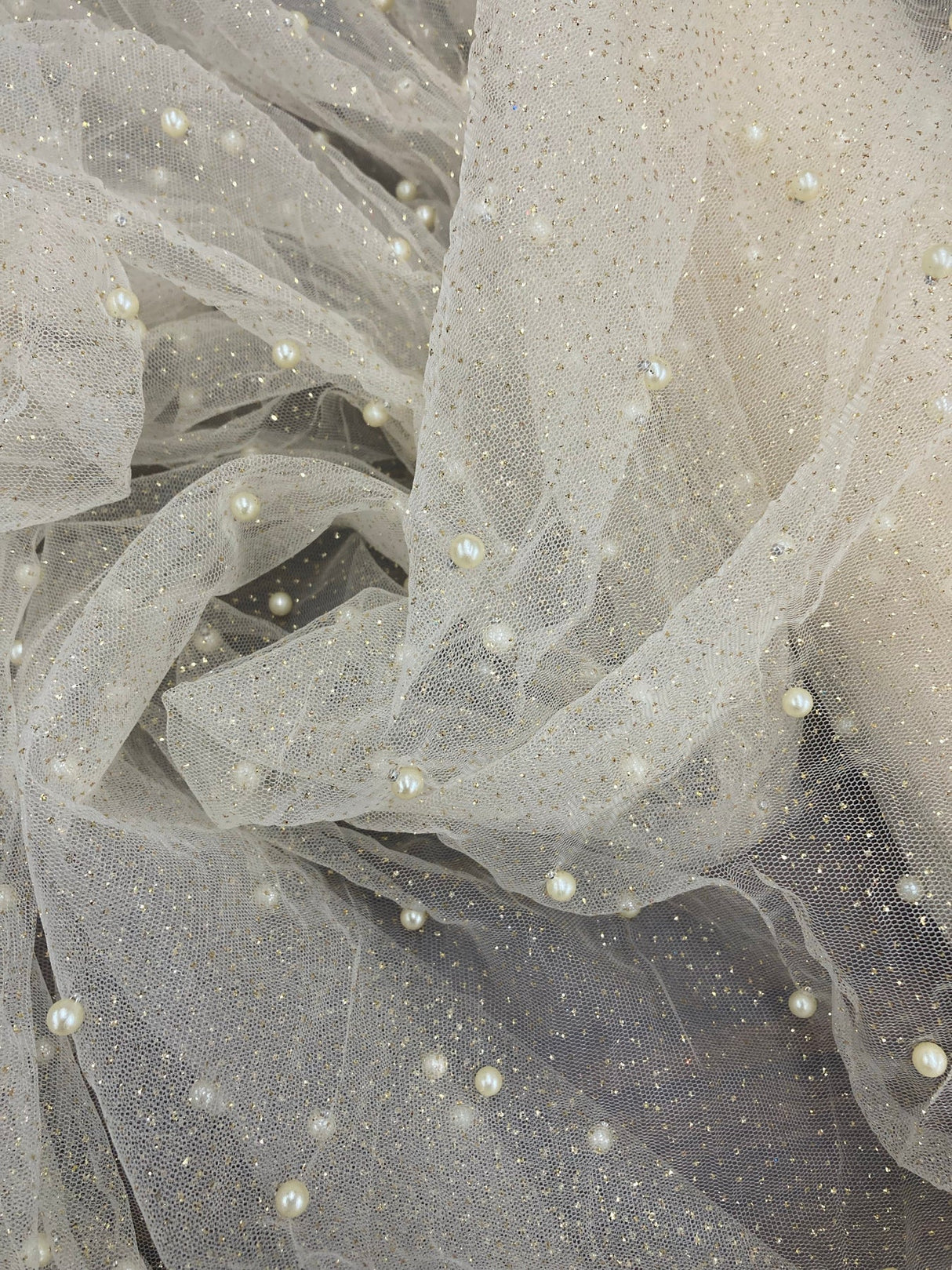1 Yard Hunter Green Glitter Mesh Fabric with Scattered Pearls Stretch Soft Sparkle Net 60 Inch Width