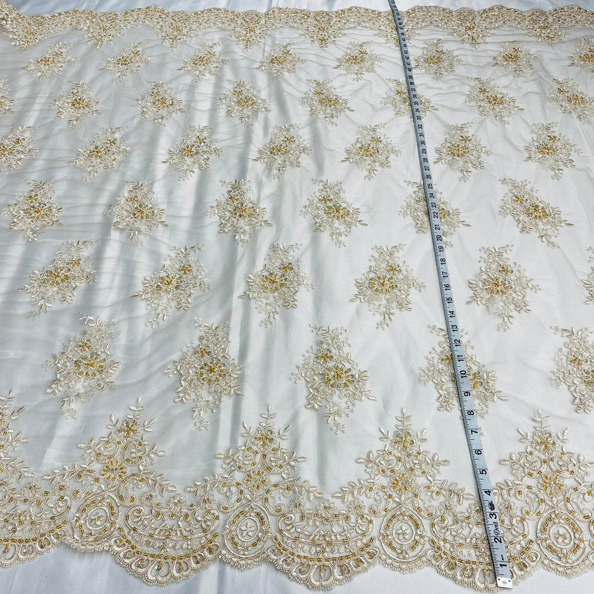 1 Yard Elegant Champagne Beaded Corded Lace Fabric on Net Mesh 56 inch Width