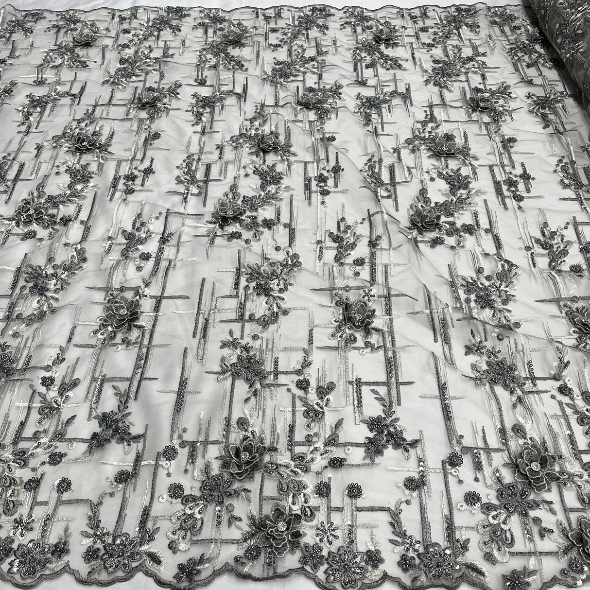 1 Yard Beaded Rhinestone 3D Floral Lace Fabric for Wedding Gowns and Dance Costumes 50" Width