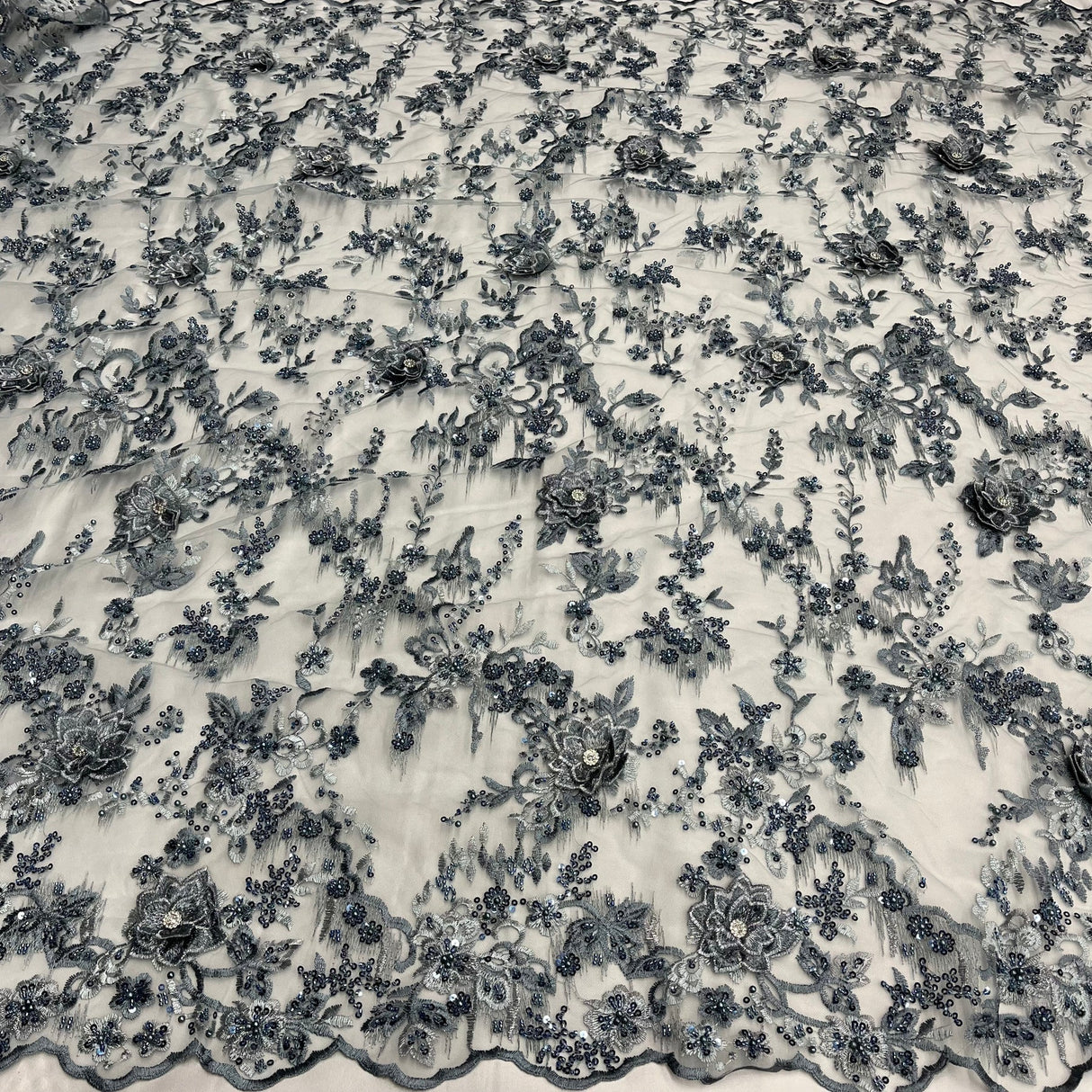 1 Yard Beaded Rhinestone 3D Floral Lace Fabric for Bridal Dresses Dance Costumes 50" Width