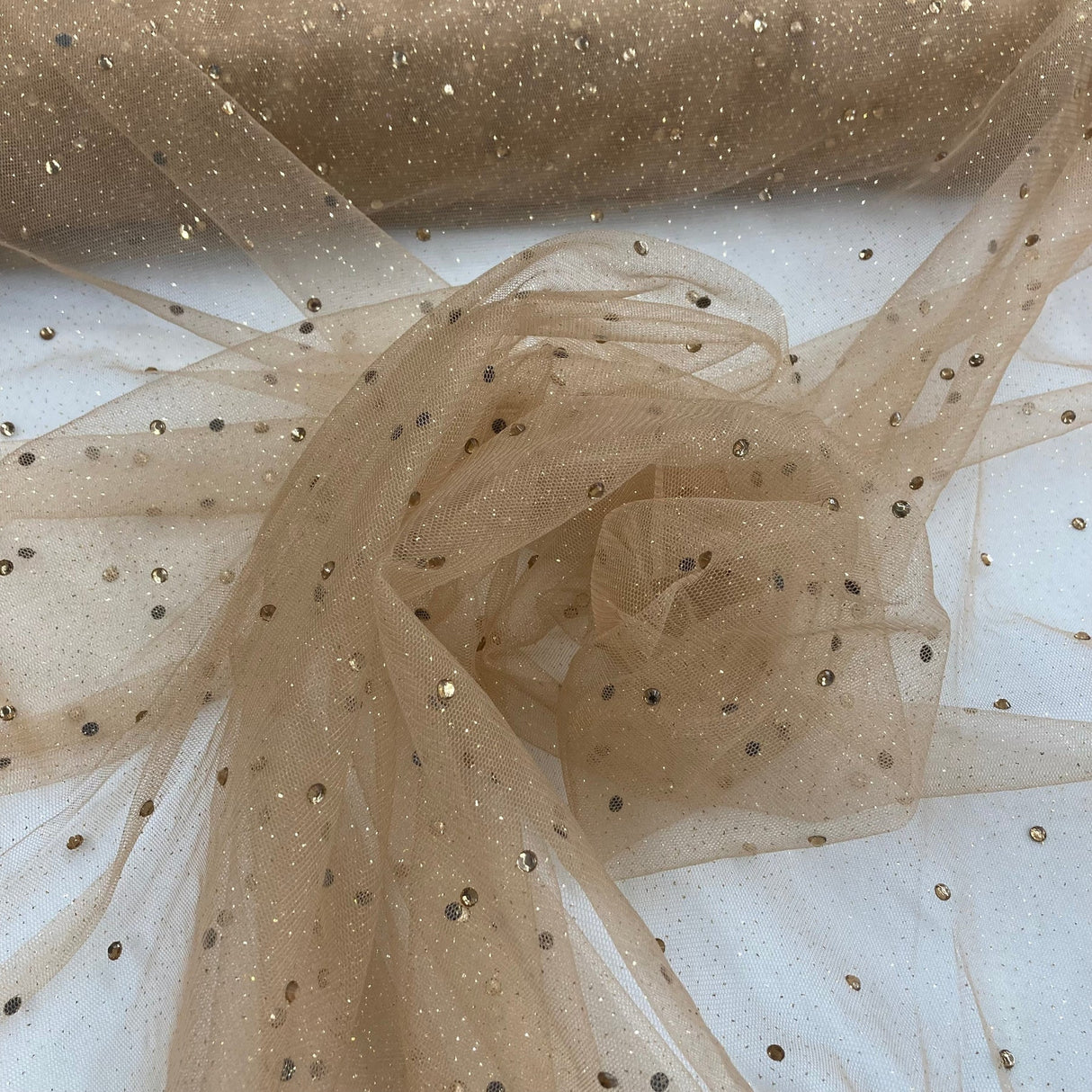 1 Yard Champagne Glitter Mesh Fabric with Scattered Rhinestones Stretch 60 Inch Width