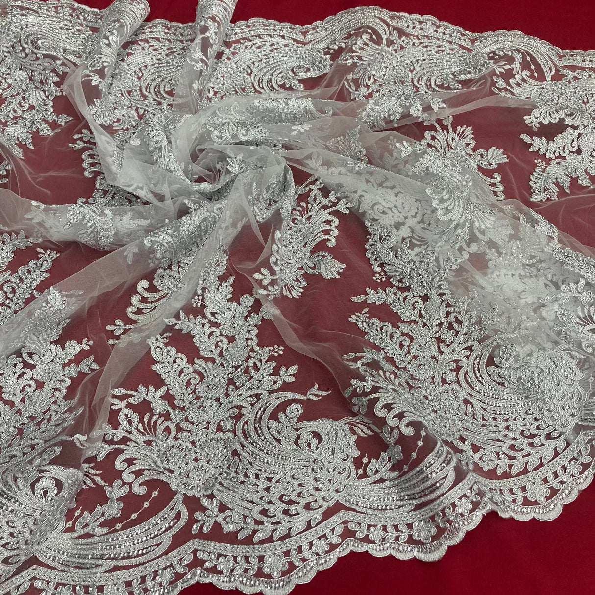 1 Yard Gold Beaded Corded Bridal Lace Fabric Embroidered on Polyester Net Mesh 50 inch Width