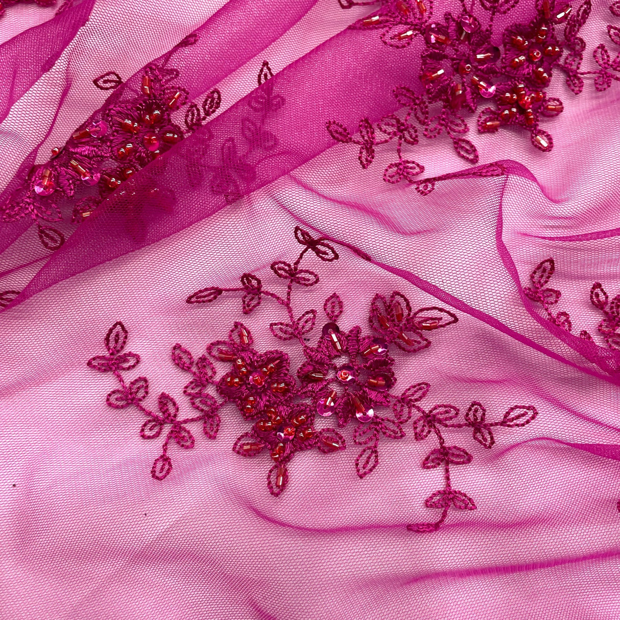 1 Yard Fuchsia Beaded Lace Fabric with Pearl Embroidery on Polyester Net Mesh 51" Wide