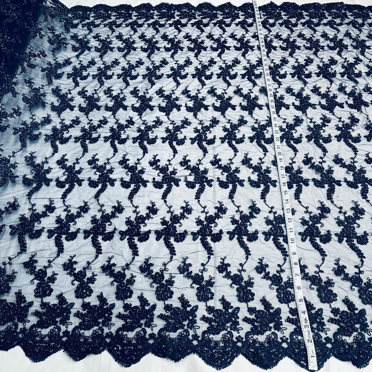 1 Yard Elegant Beaded and Corded Lace Fabric Embroidered on Polyester Net Mesh 54" Width