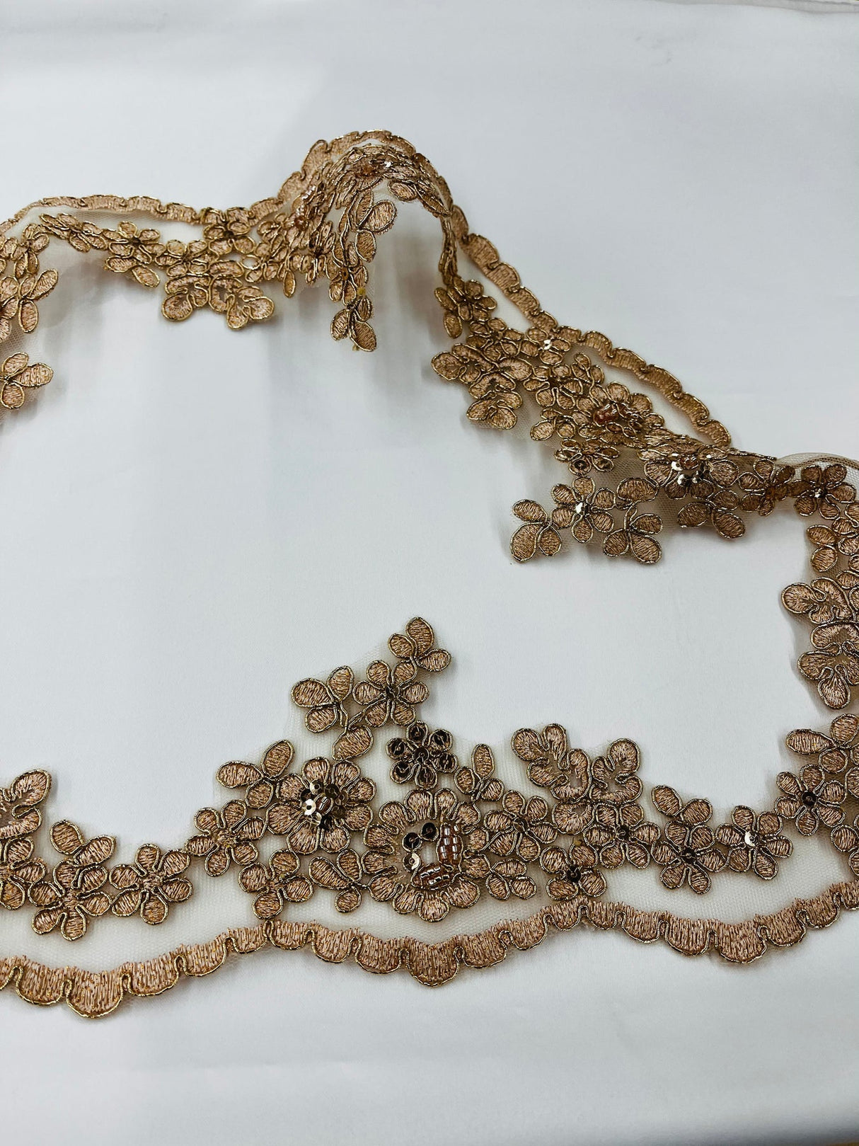 1 Yard Premium Beaded & Corded Lace Trimming on Polyester Net Mesh for Wedding Gowns