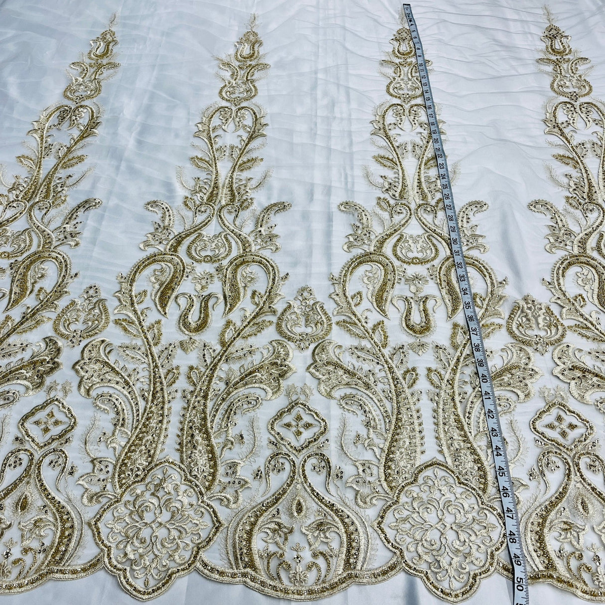 1 Yard Gold Beaded Lace Fabric Embroidered on Polyester Mesh, 50" Wide Decorative Fabrication