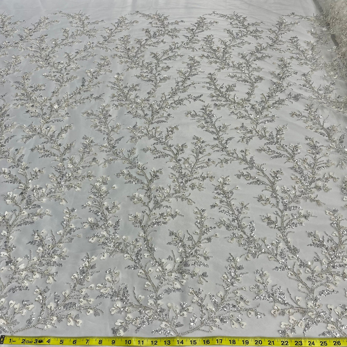 1 Yard Ivory Silver Beaded 3D Floral Lace Fabric, Embroidered Polyester Mesh, 54" Wide