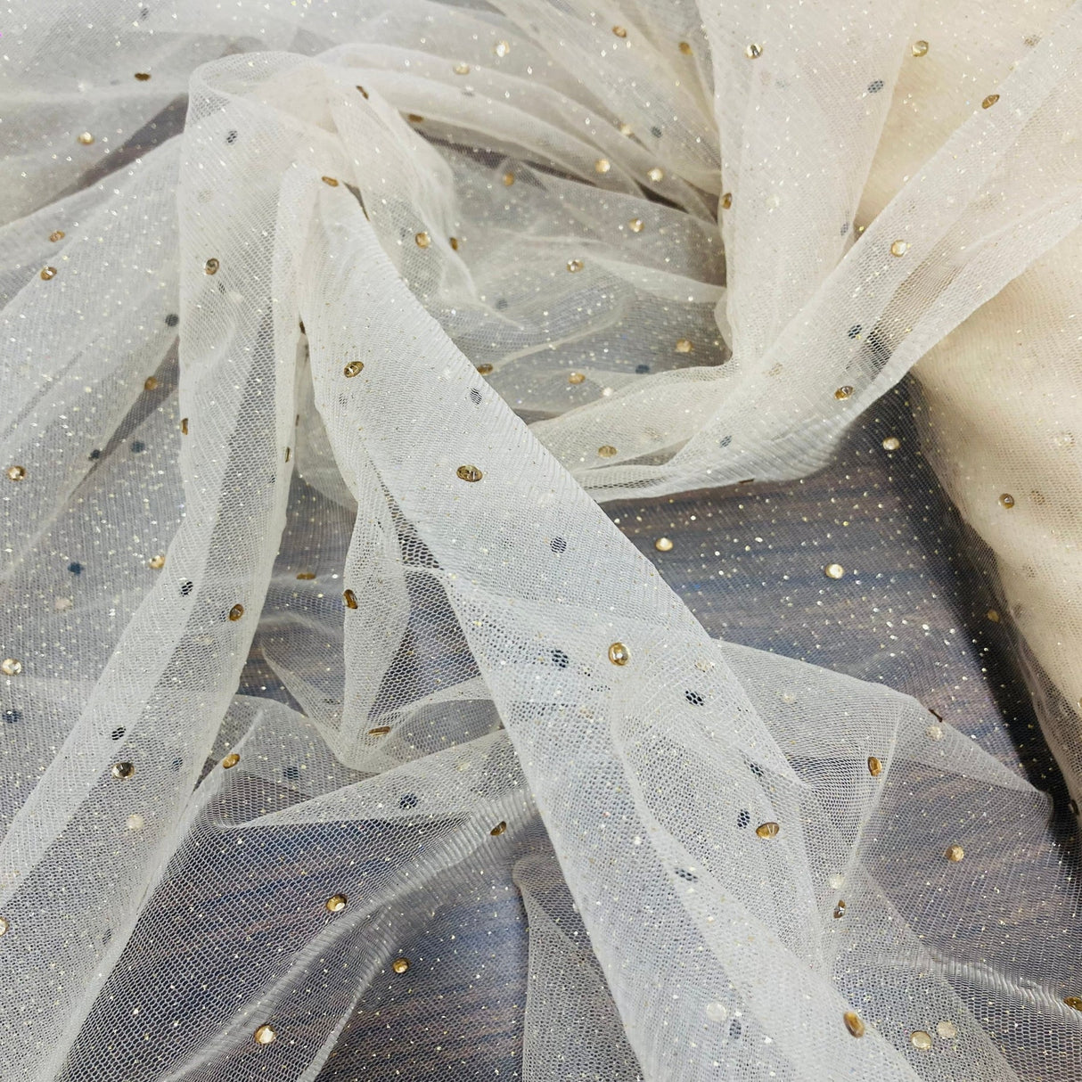 1 Yard Champagne Glitter Mesh Fabric with Scattered Rhinestones Stretch 60 Inch Width