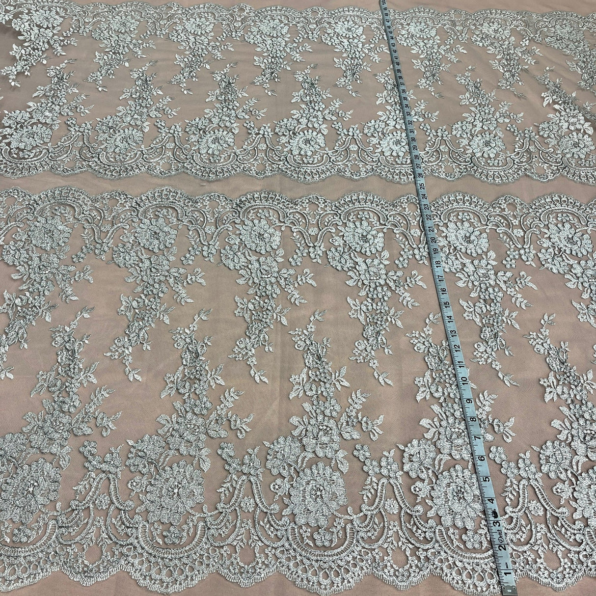 1 Yard Ivory with Silver Corded Bridal Lace Fabric Embroidered on Polyester Net Mesh 50 inch Width