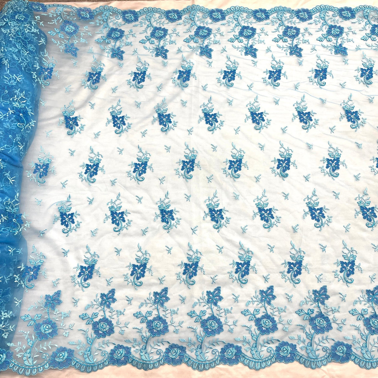 1 Yard Turquoise Corded Bridal Lace Fabric Embroidered Polyester Net Mesh 54 Inch Width