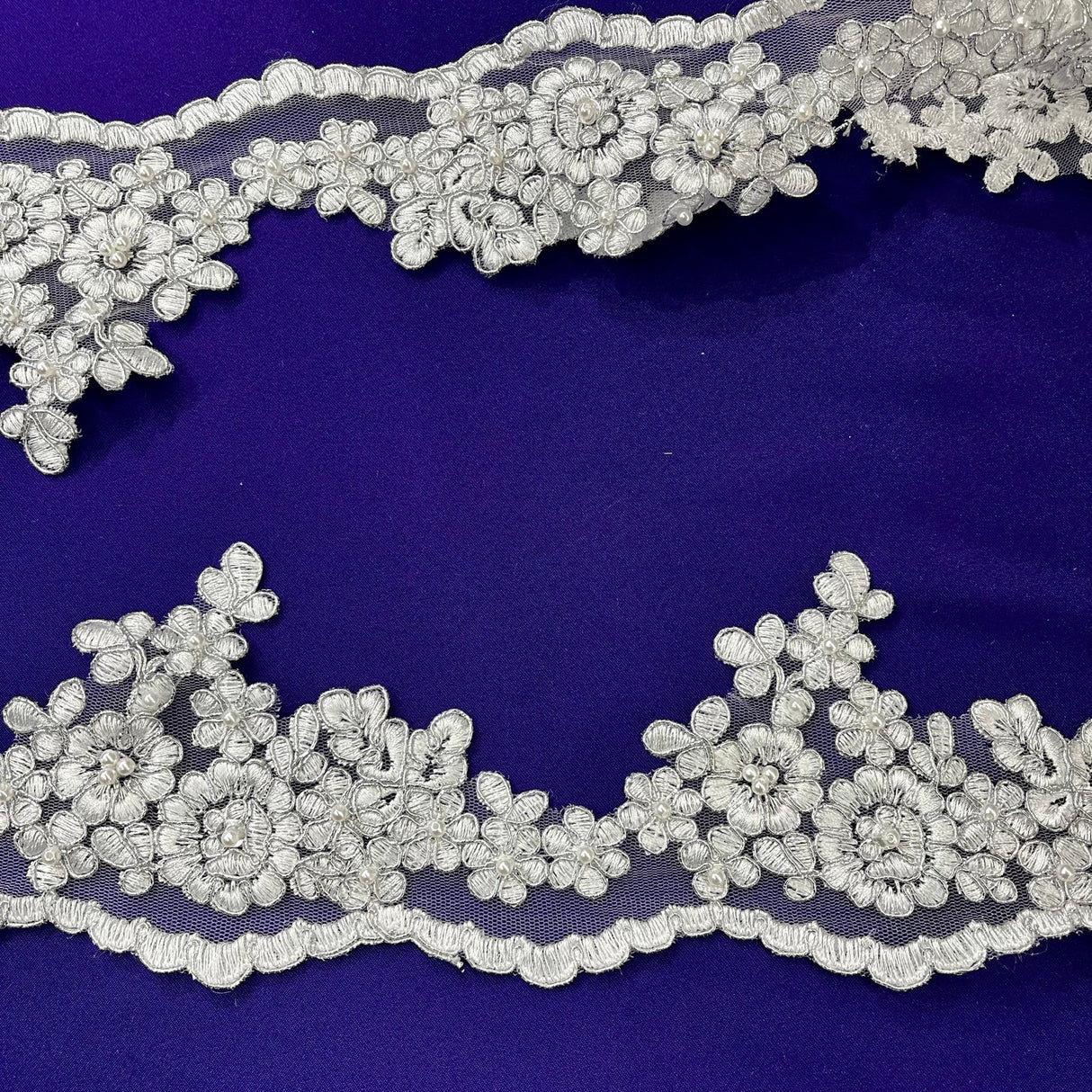 1 Yard Premium Beaded & Corded Lace Trimming on Polyester Net Mesh for Wedding Gowns