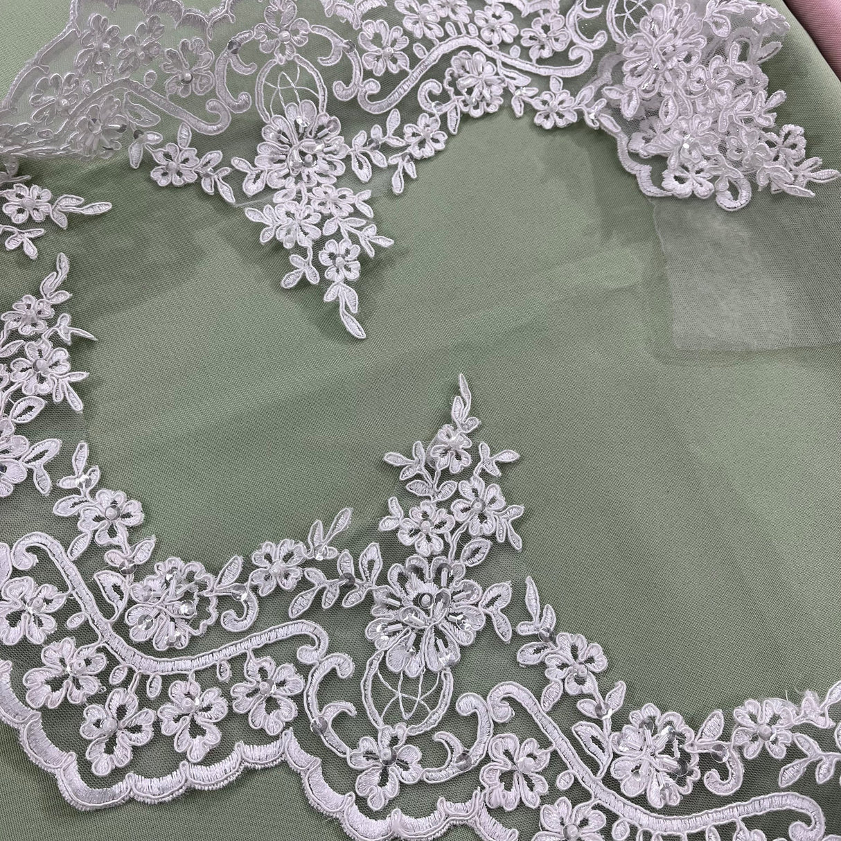 1 Yard Beaded & Corded Floral Lace Trimming Embroidered on 100% Polyester Net Mesh 6" Wide